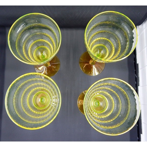 Utility Glass Works Cambodia Ware Vaseline Amber Foot Wine Water Goblet Pair 4 - Picture 12 of 15